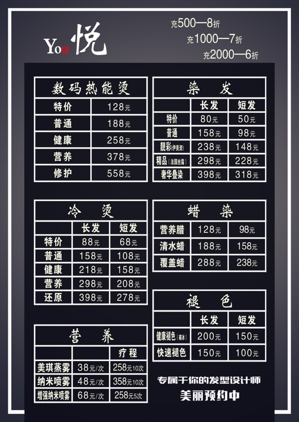 美發(fā)價格表