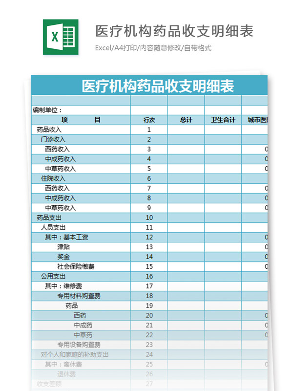 医疗机构药品收支明细表excel模板