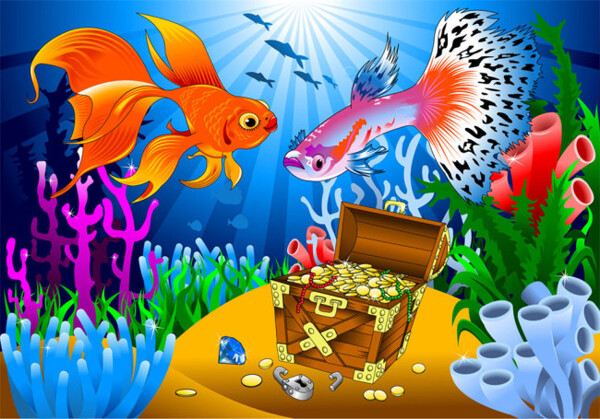 海底宝箱和游鱼图片1
