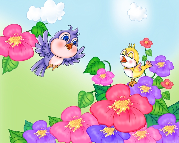 可愛小鳥與花朵圖片