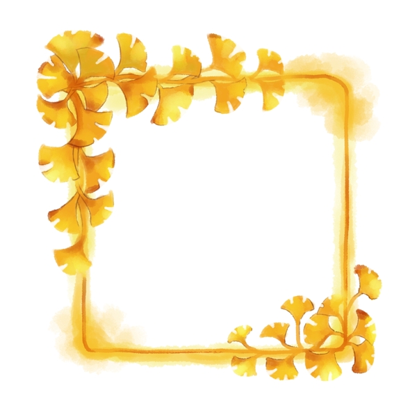 手绘植物边框水彩风格金黄色银杏叶边框
