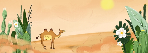 手绘卡通沙漠旅行全屏海报背景图