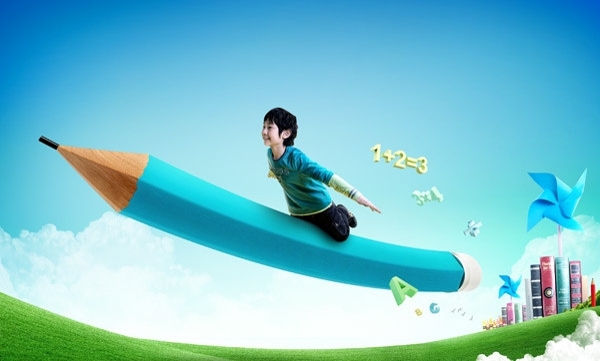 乘鉛筆飛的兒童圖片