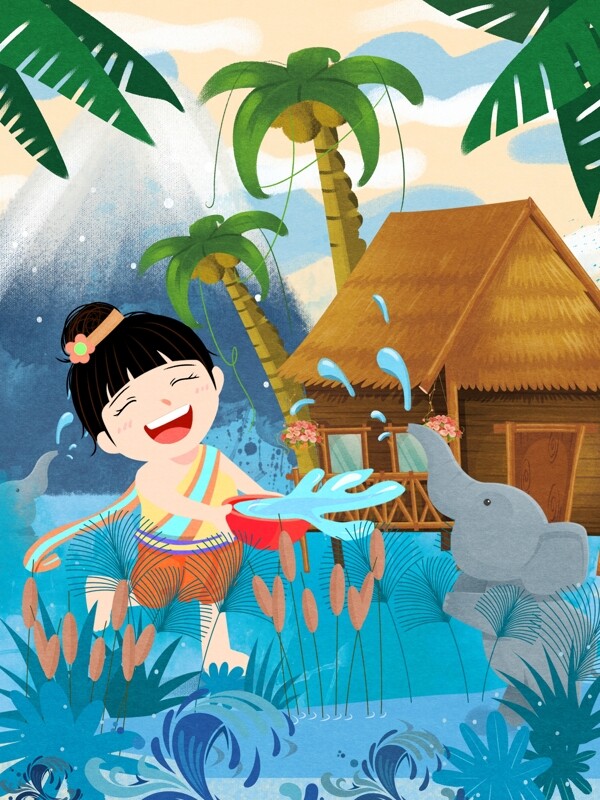 泼水节女孩和小象玩耍插画
