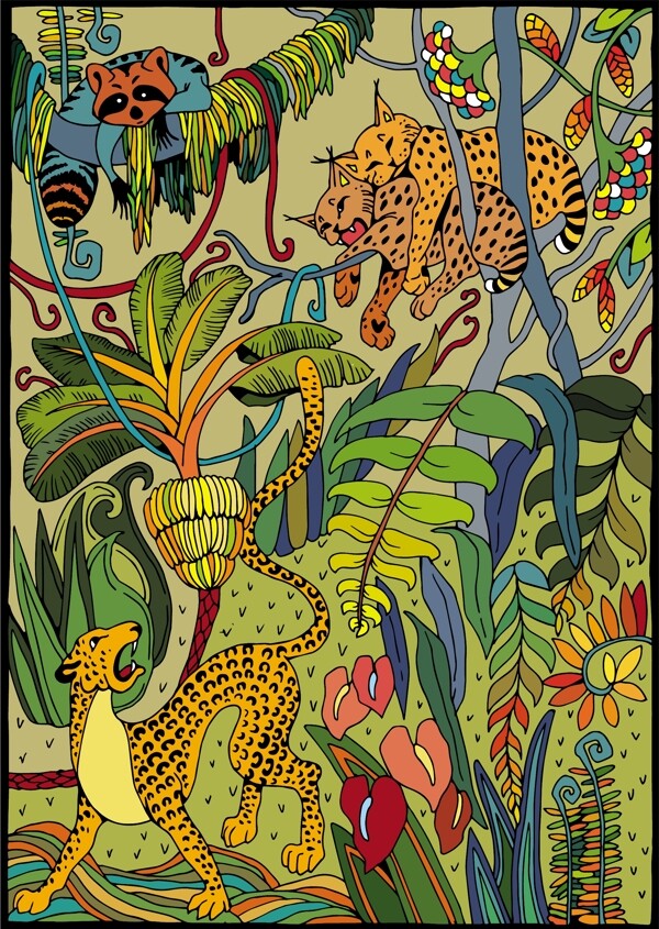 热带雨林动物印花布匹图案图片