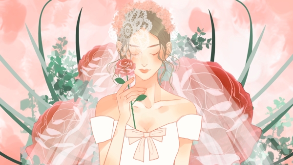 浪漫唯美穿着婚纱拿着玫瑰花的新娘