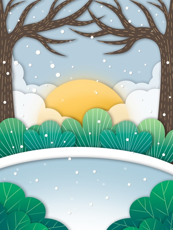 浪漫冬季下雪树林插画背景