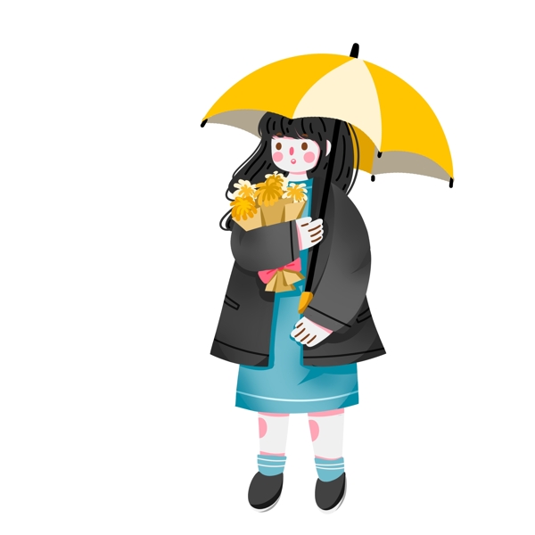 卡通手绘抱着鲜花撑着雨伞的女孩