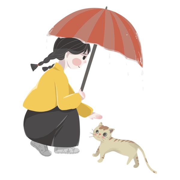 打傘的少女和小貓咪png元素