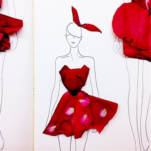 红色花瓣灵感连衣裙设计图