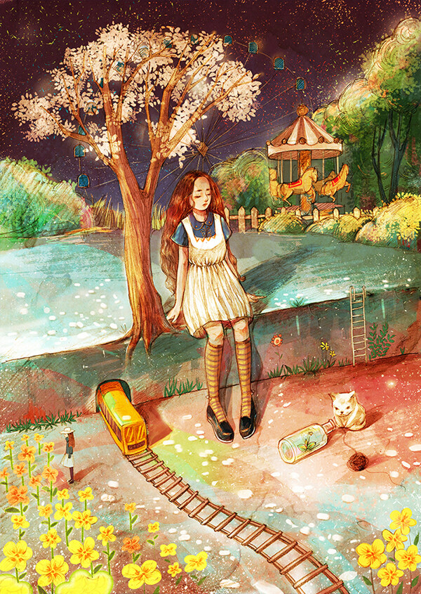 位圖插畫場景畫人物女孩免費素材
