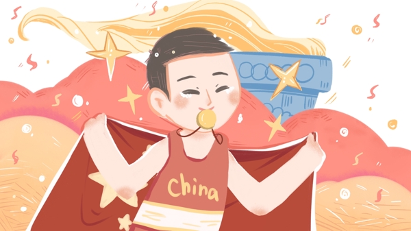 奥运纪念日手绘插画运动员中国庆祝海报壁纸