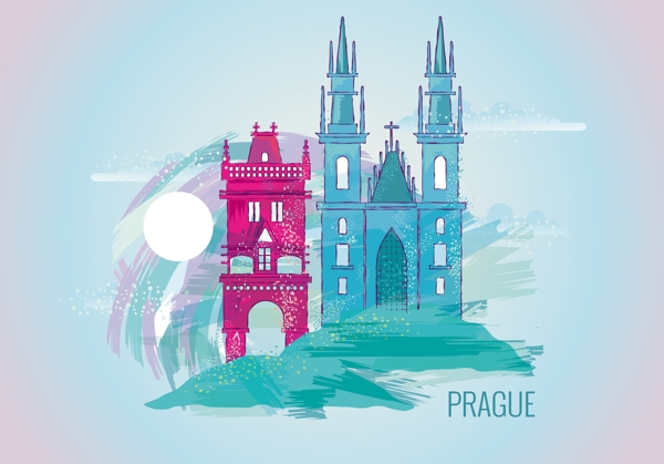 手绘布拉格城堡插画