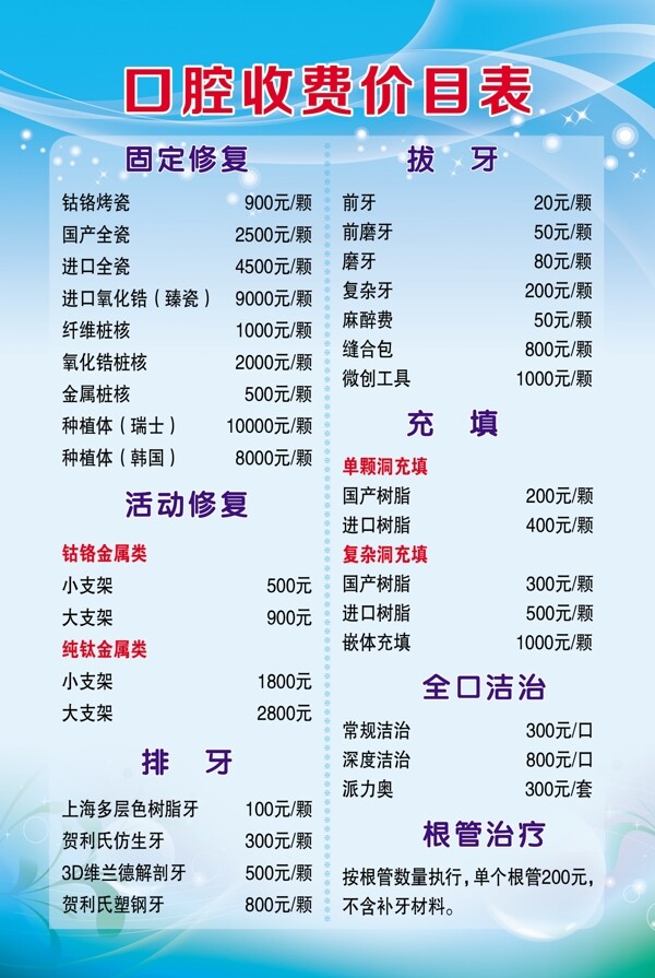 口腔收費(fèi)價(jià)目表