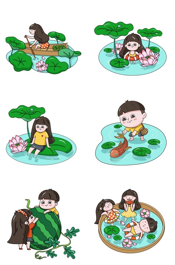 卡通夏天男女戏水游泳