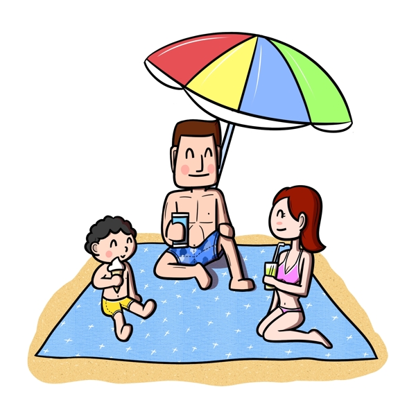 卡通全家人沙滩休闲png透明底