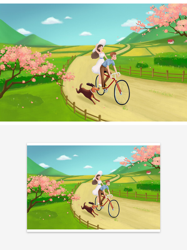 田園風(fēng)光踏青插畫情侶騎自行車插畫