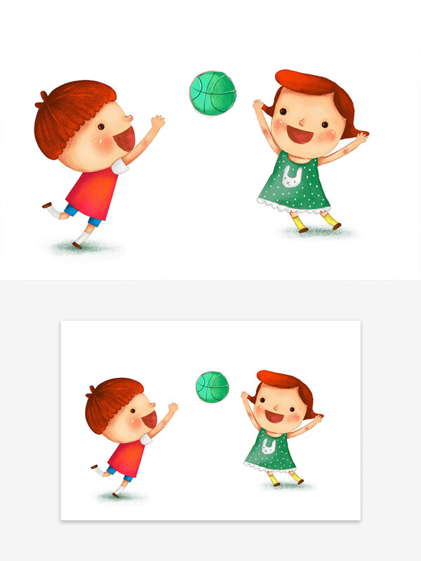 卡通風(fēng)玩耍的兒童運(yùn)動(dòng)游戲綠色球插畫(huà)