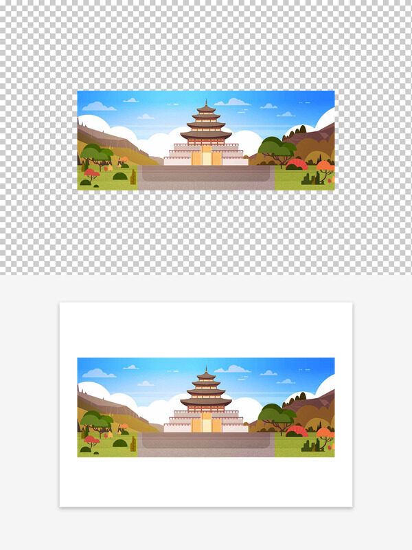 藍天白云春天主題傳統(tǒng)中式建筑插畫