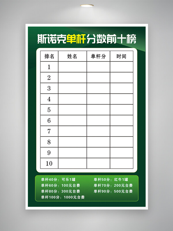 綠色背景斯諾克臺球單桿分數(shù)排名海報