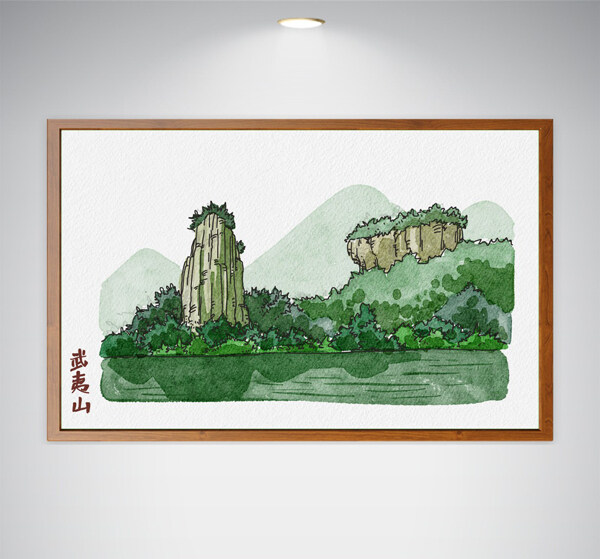 簡(jiǎn)約水彩風(fēng)格清新武夷山文化旅游景點(diǎn)插畫