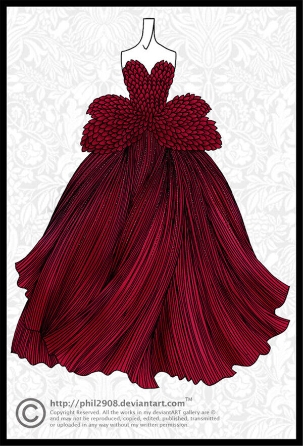 红色蝴蝶结长裙礼服设计图