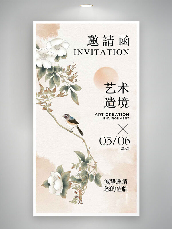 極簡背景創(chuàng)意手繪國風(fēng)花鳥插畫邀請(qǐng)函