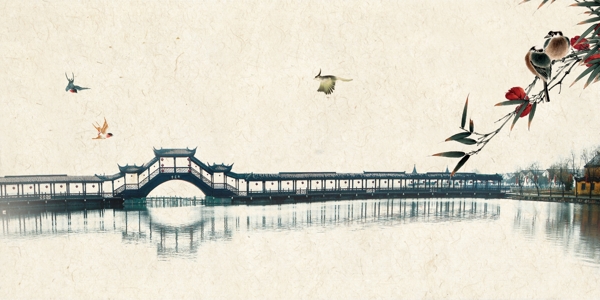 中国风古桥湖泊背景设计