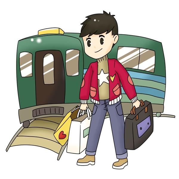 春運回家小男孩手繪插畫