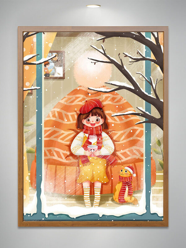 扁平卡通女生手握水杯室内看雪温馨冬日插画