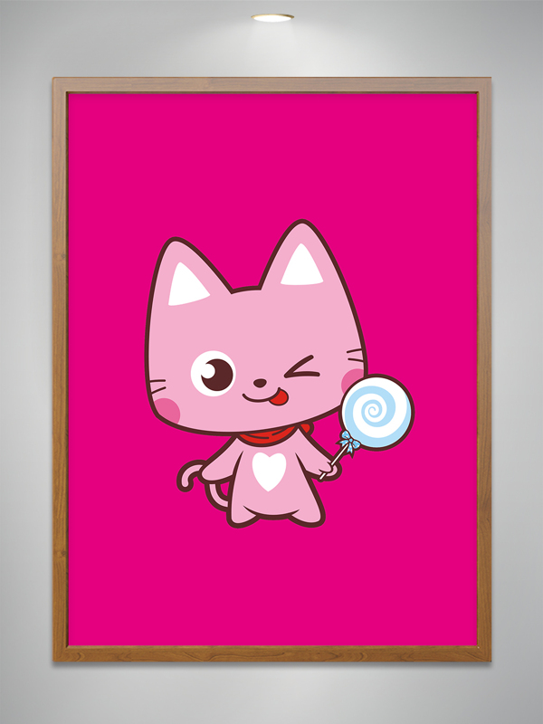 卡通可爱粉色小猫拿棒棒糖