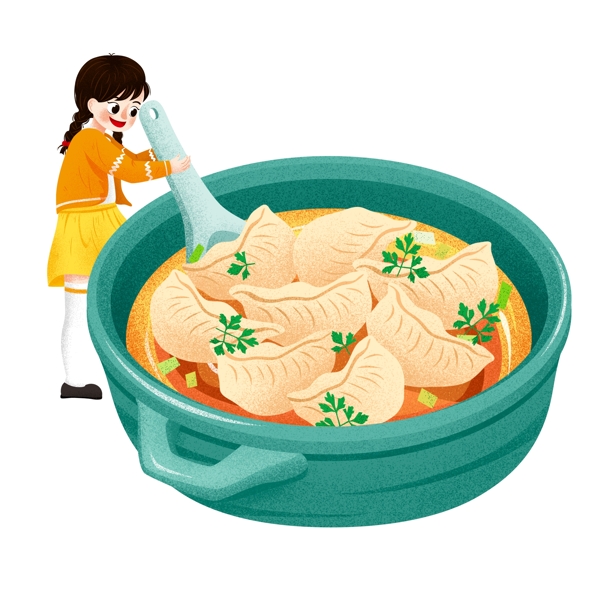 创意冬至吃饺子的女孩卡通素材