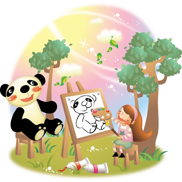 临摹熊猫的卡通女孩