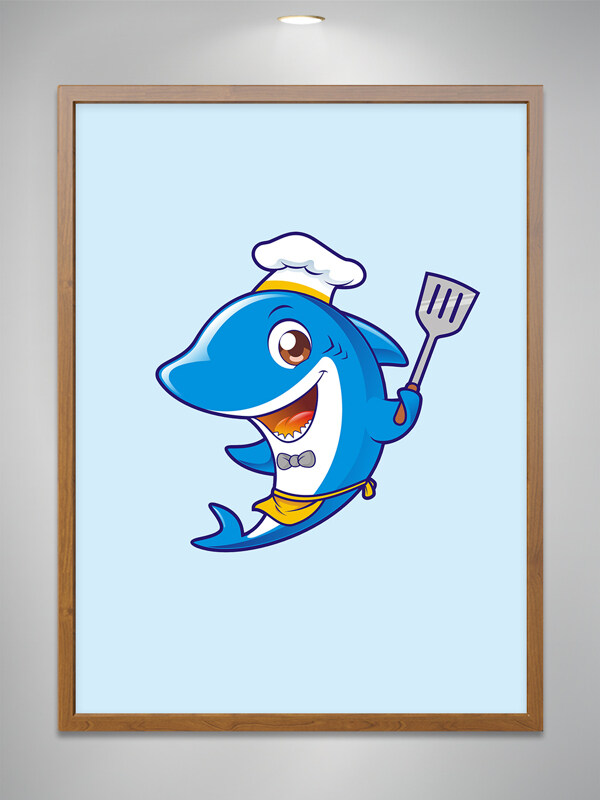 卡通餐饮可爱小鲨鱼厨师拿锅铲