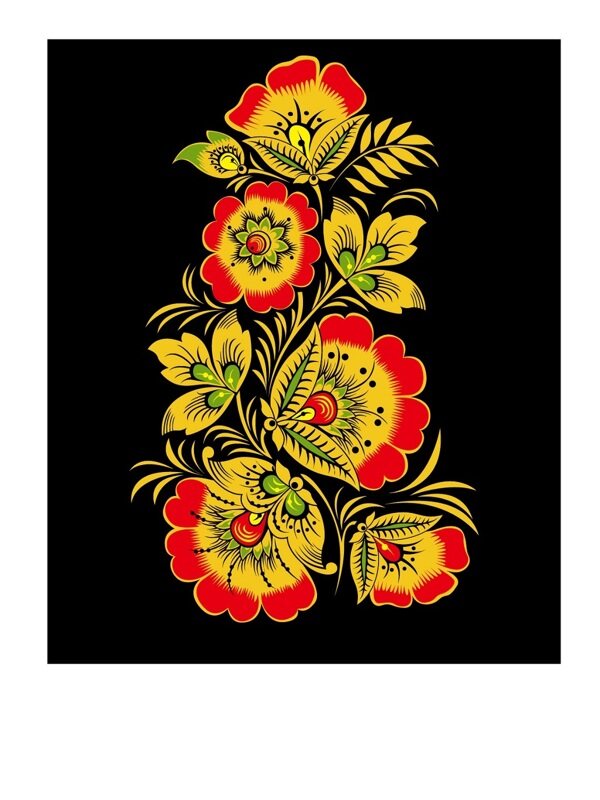 传统 欧式俄式 花卉图案背景贴图 黑底黄花红边五朵