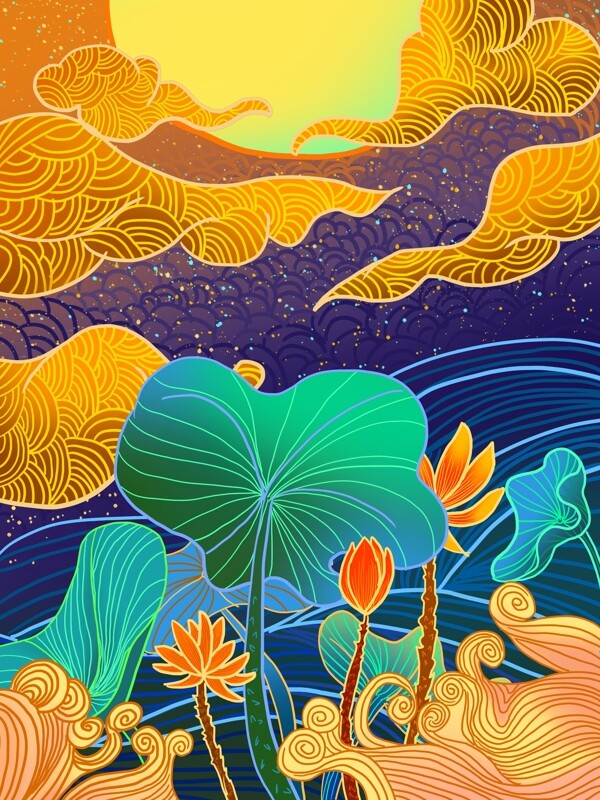 星空下的荷花流光溢彩插畫