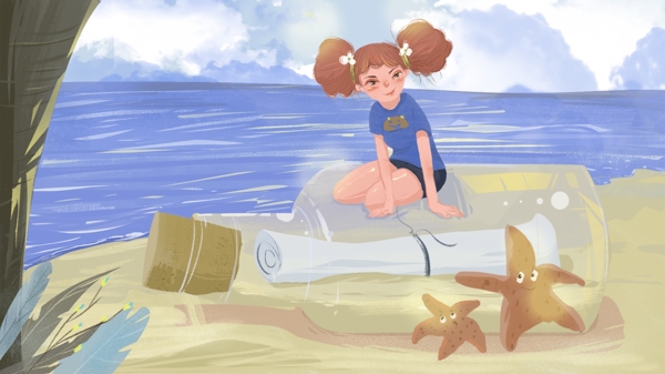 原創(chuàng)插畫漂流瓶女孩