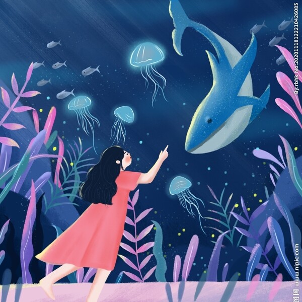 梦幻鲸鱼女孩与日落治愈系插画图片