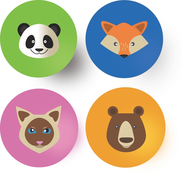 圆形彩色动物熊猫狐狸icon矢量扁平图标