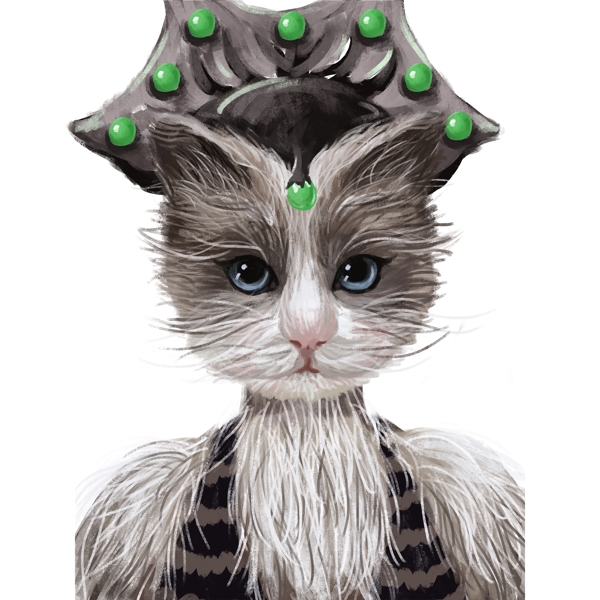 头戴宝石皇冠的高冷猫咪手绘设计