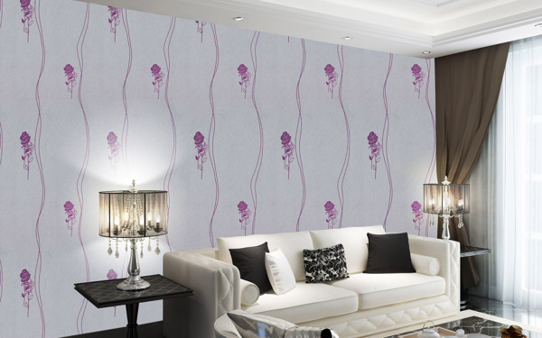紫色花朵墙纸客厅沙发室内设计
