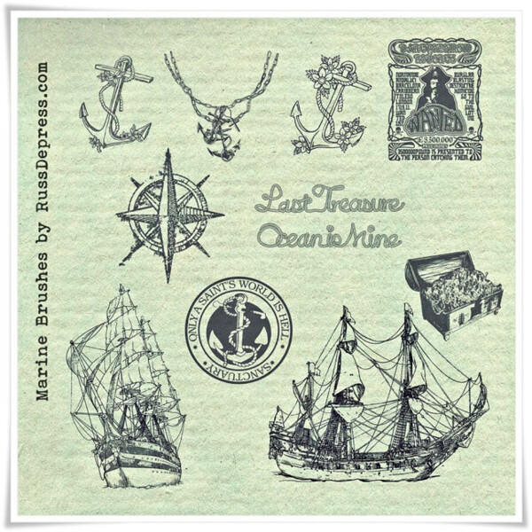 船锚西式帆船宝藏指南针符号PS航海元素笔刷