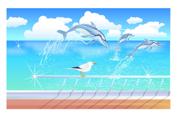 生态海豚闹海风景插画