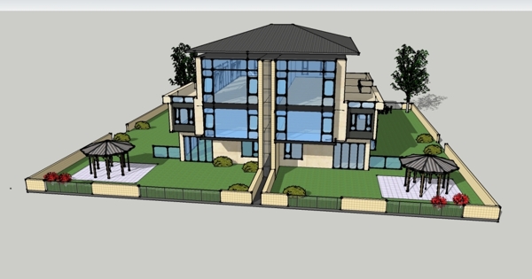 别墅外观3D效果图skp模型
