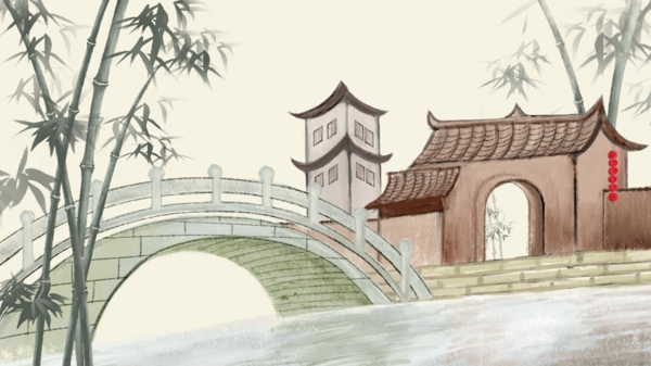 原创中国风清新简约插画古代建筑风景插画