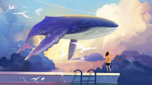 鲸鱼与女孩插画图片