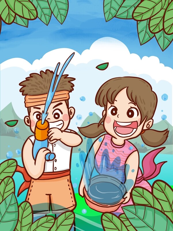 泼水节传统节日女孩泼水男孩玩水绘插画