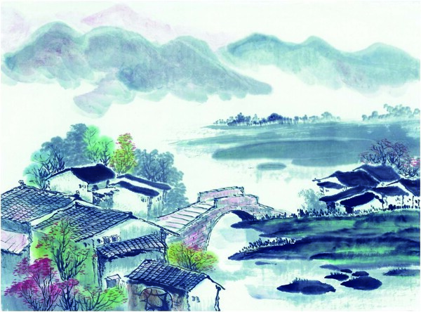 山水风景国画风景园林石桥