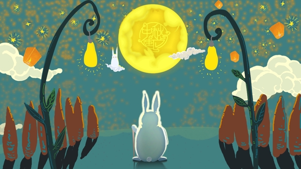 中秋节插画海报艺术字壁纸卡通兔子路灯月亮