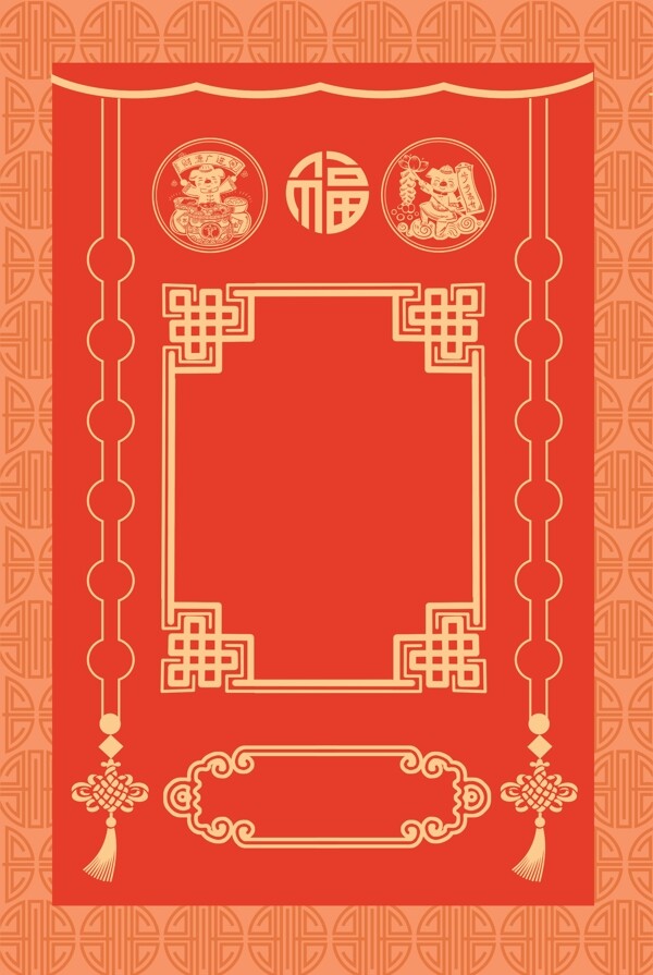 线条中国风新年签红色喜庆背景海报